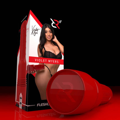 Ricky's Room Fleshlight packaging with  Violet Myers in black lingerie red Fleshlight case.